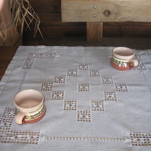 Rustic linen flower embroidered tablecloth,lace tablecloth,square handmade cloth with chamomiles,cutwork tablecloth,silk embroidery,cutwork