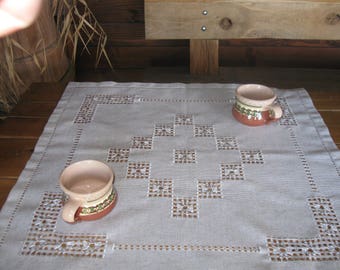 Rustic Linen Tablecloth: Handmade Chamomile Embroidery, Cutwork Lace (27.5x27.5 in)