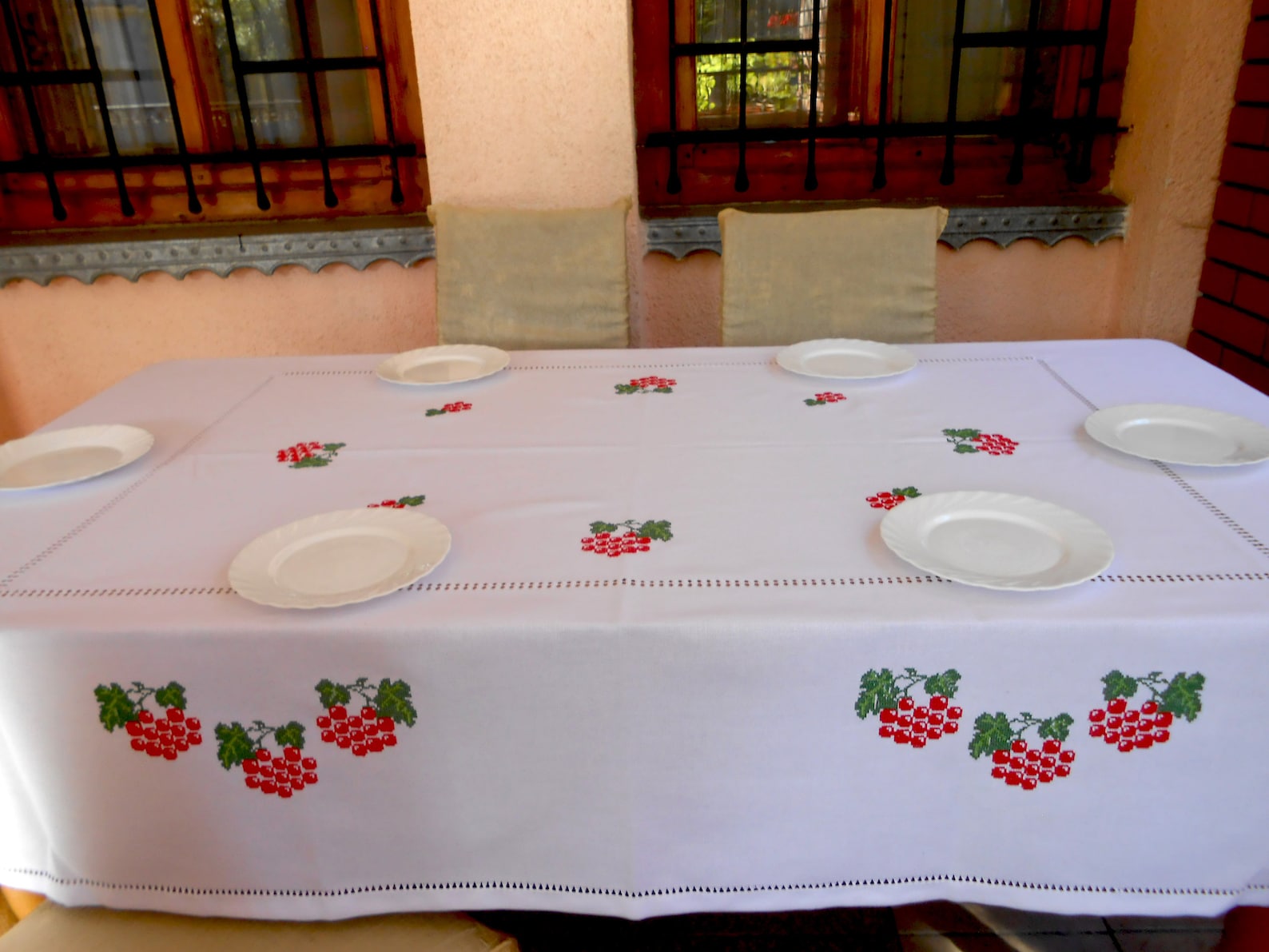 White Embroidered Tablecloth With Viburnum Pattern Red Etsy