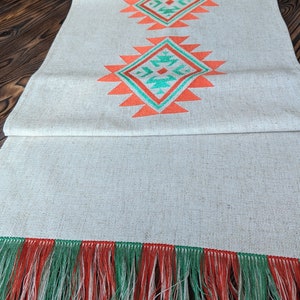 Farmhouse table runner, Gray linen embroidered table runner,  Boho table Runner, table decor in orange and green