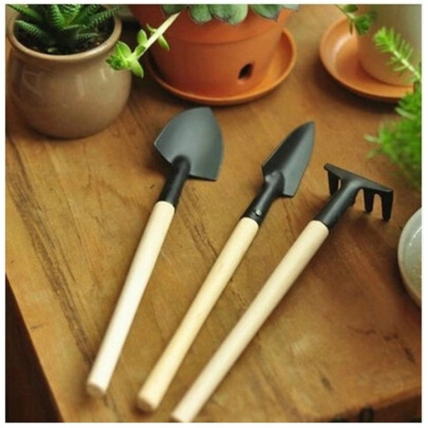 3Pcs Mini Garden Hand Tool Kit Plant Gardening Shovel Spade Rake Trowel Wood Handle Metal Head Gardener,Fairy Garden Tools, Miniature Tools