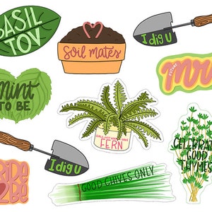 May include: A set of 10 colourful stickers featuring puns and illustrations related to gardening. The stickers include phrases like "Basil TOV", "Soil Mates", "Mint to Be", "I Dig U", "Good Chives Only", "Celebrate Good Thymes", and "Mrs".
