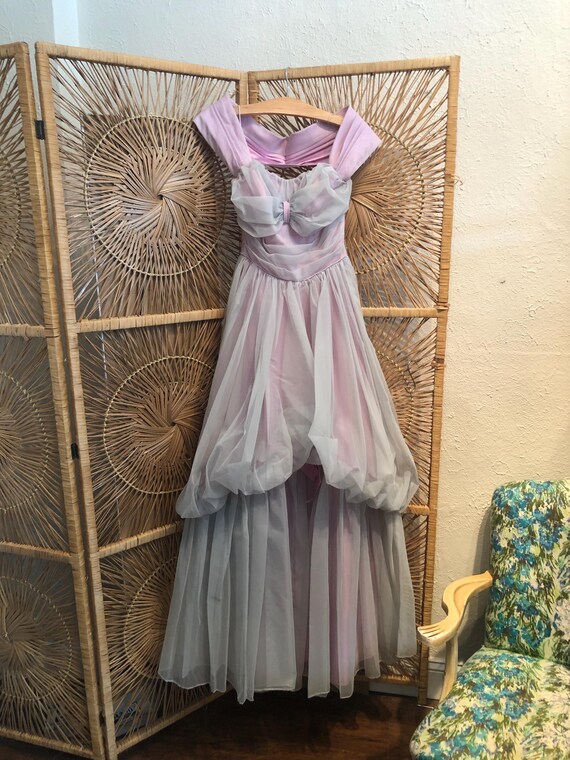 1950s chiffon prom dress Vintage 1950's Coral Strapless Formal Gown / Prom Dress / Size XS