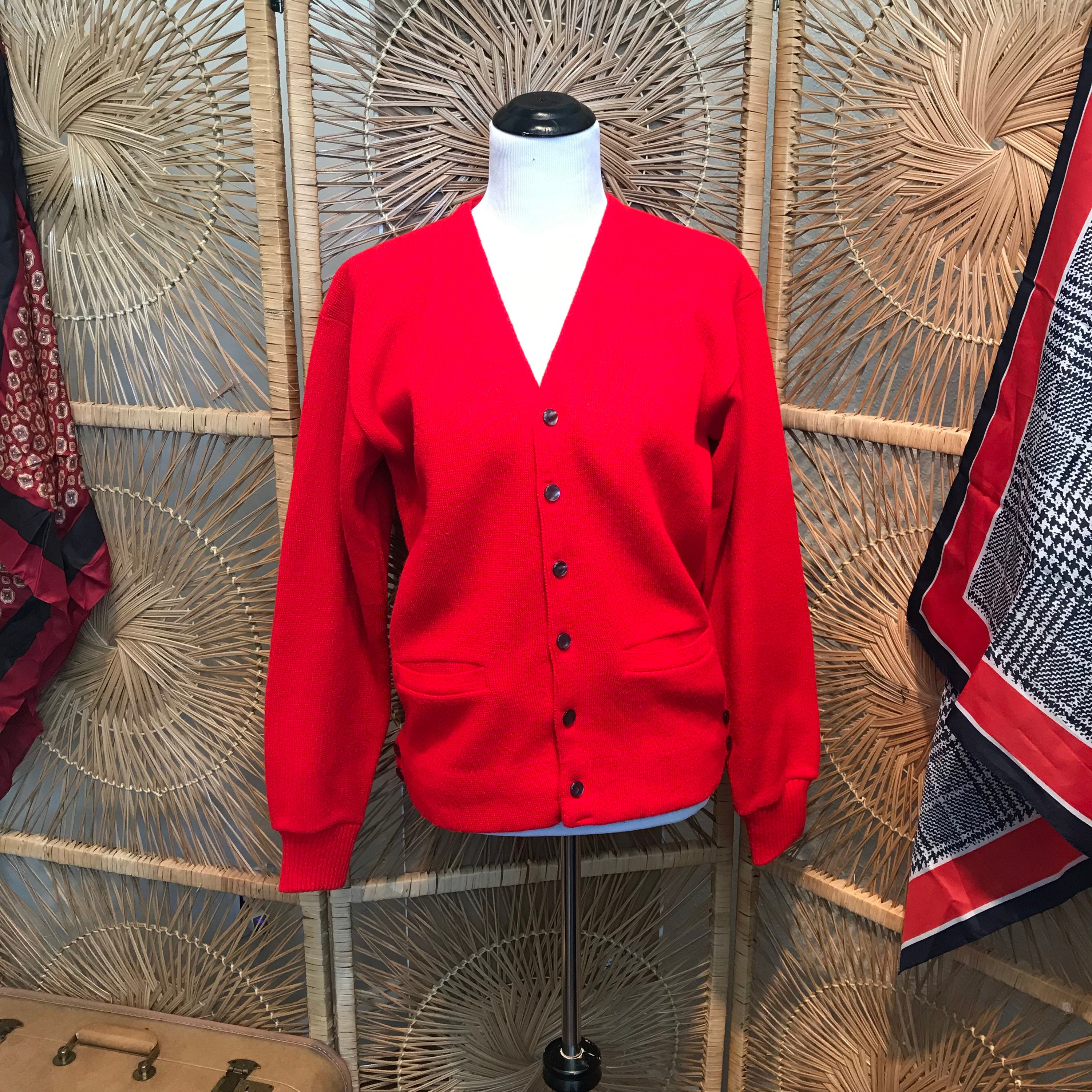bright red cardigan