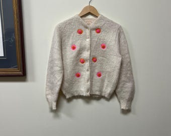 Cardigã Pendleton vintage dos anos 1960, 100% lã, com bordados de flores rosa e laranja, tamanho 40.