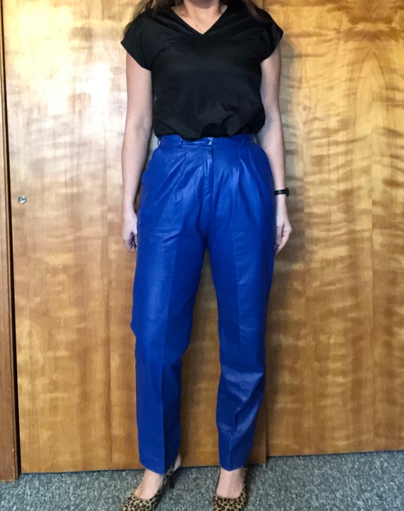 Vintage Blue Leather Pants, Eighties High Rise Lea