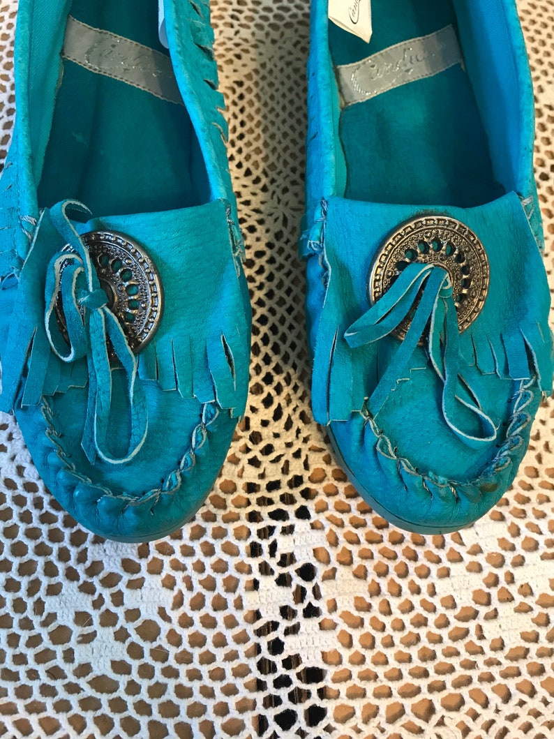 Candies Brand Retro Turquoise Fringe Moccasins Ladies Size 6 12