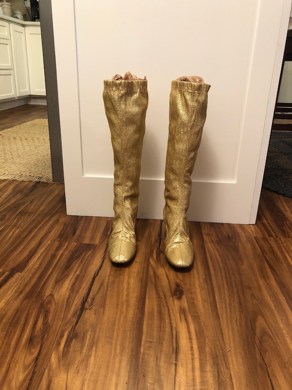 Retro Knee High Gold Sparkle Boots, Sixties or Sev