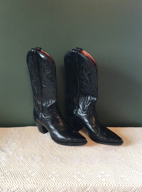 Retro Dan Post Black Leather Cowboy Boots, Ladies