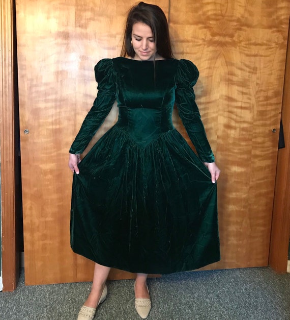Vintage Green Velvet Dress Puff Sleeve 