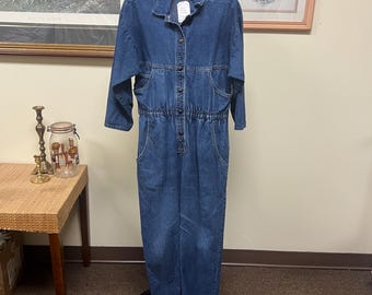 Vintage 80s Denim Jumpsuit – Cinched Waist Blue Jean Outfit, Size Small