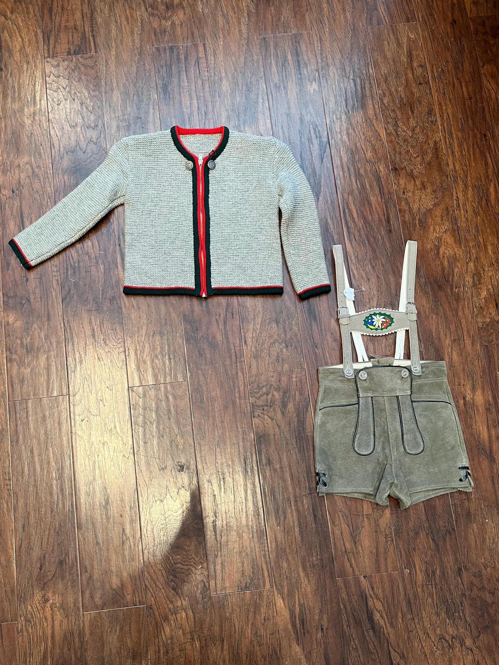 Vintage German Lederhosen with Matching Sweater, Kids Leather Shorts with Suspenders, Authentic Oktoberfest Outfit