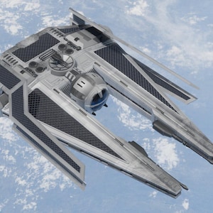 May include: A detailed, top-down view of a futuristic spacecraft. The ship features a silver and black colour scheme with angular wings and a central cockpit. The background shows a blue sky with scattered clouds.