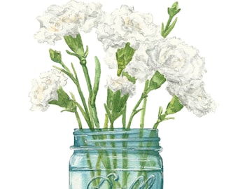 White Carnation Bouquet Watercolor Print