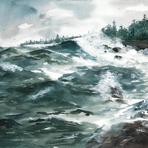 Lake Superior - Watercolor Print - Stormy Water - Michigan- Art Print - Watercolor - Lake Art