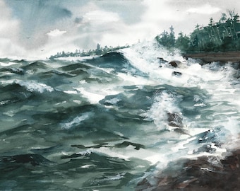 Lake Superior - Watercolor Print - Stormy Water - Michigan- Art Print - Watercolor - Lake Art