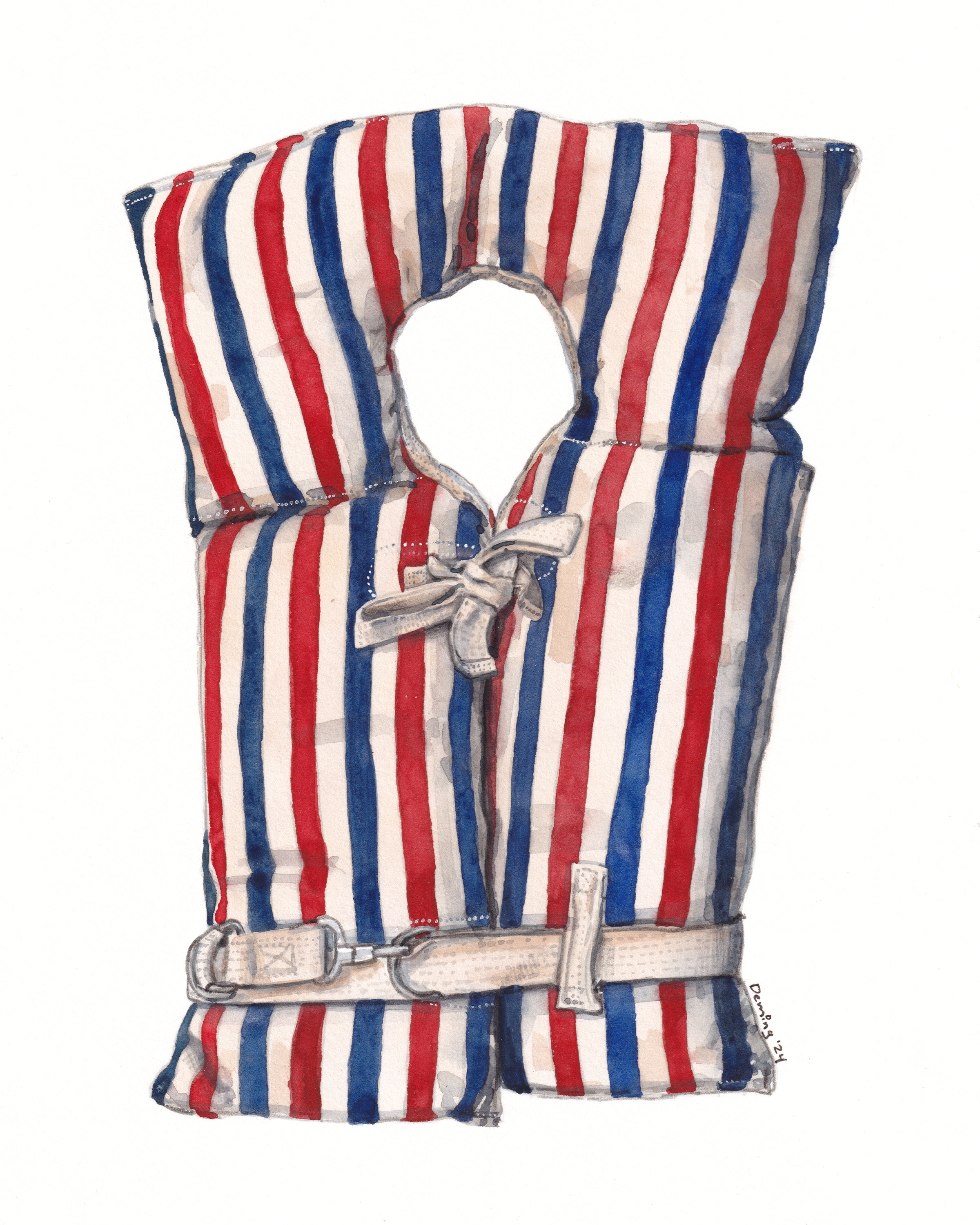 Red White and Blue Life Jacket Watercolor Print