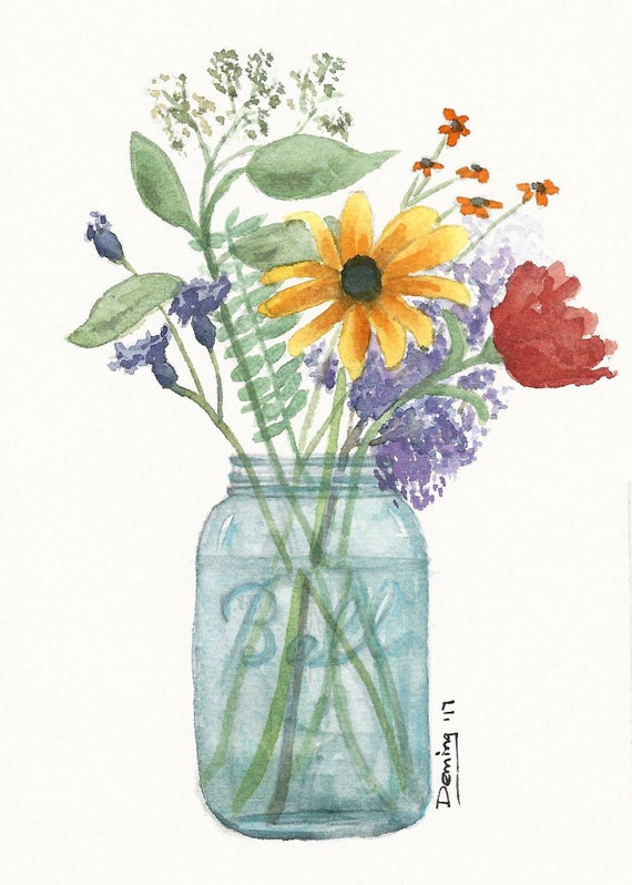 Items similar to Ball Jar Flowers Watercolor Print Art Print