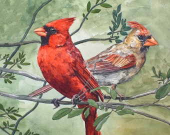 Summer Cardinal Pair Watercolor Print