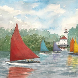 Segeln - Leuchtturm - Aquarell Druck - Segelboot - Sommer-Kunstdruck - Aquarell - See Kunst