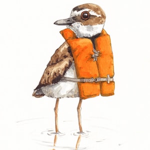 May include: A watercolor painting of a small bird wearing an orange life vest. The bird is standing in shallow water with its legs and feet visible. The bird is looking to the left of the image.