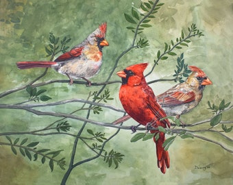 Three Cardinals Watercolor Print