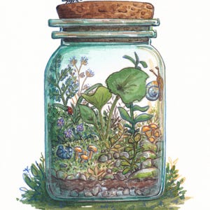 Op de afbeelding: Waterverfillustratie van een terrarium in een glazen pot. De pot bevat planten, paddenstoelen, een slak, een lieveheersbeestje en een kever. De pot is afgesloten met een kurken deksel. Handtekening en datum van de kunstenaar linksonder.