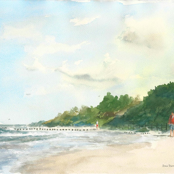 Morning at the Shore - Watercolor Print - Beach Art - Michigan- Art Print - Watercolor - Lake Art