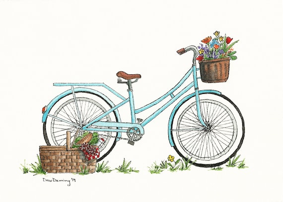 Picnic Bike Watercolor Print Art Print Vintage Bike Art Garden Bike Flowers  Turquoise Bike - Etsy