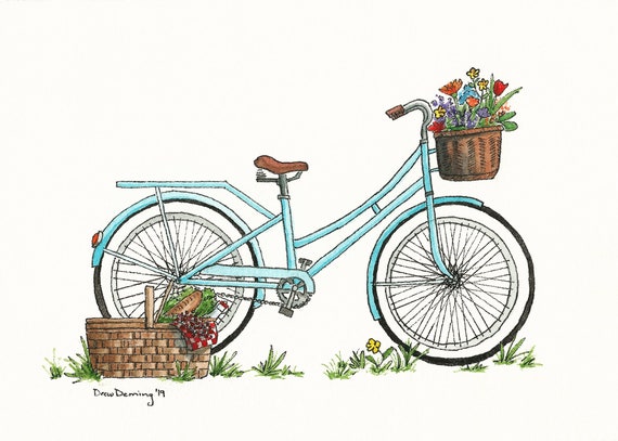 Picnic Bike Watercolor Print Art Print Vintage Bike Art Garden Bike Flowers  Turquoise Bike - Etsy