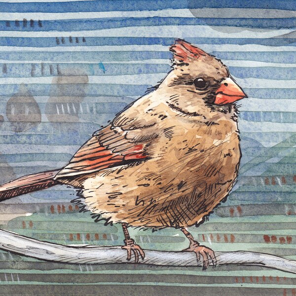 Female Cardinal Print - Abstract - Watercolor and India Ink