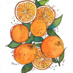 Oranges Matted Watercolor Print, Citrus Painting, Fruit Art