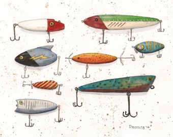 Fishing Lures Print - Watercolor Print - Fishing Lures - Art Print - Watercolor- Vintage Design