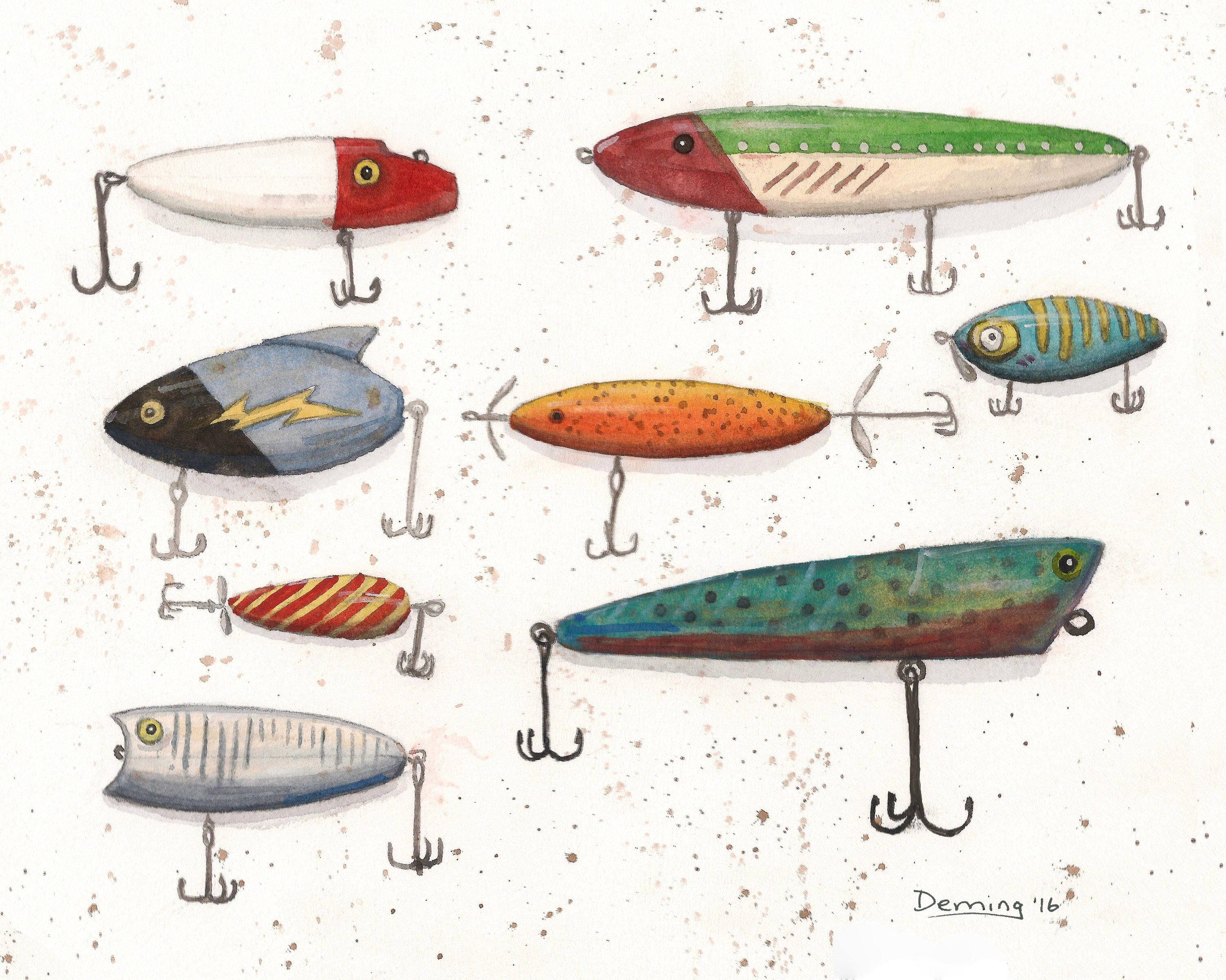 Fishing Lures Print - Watercolor Print - Fishing Lures - Art Print -  Watercolor- Vintage Design