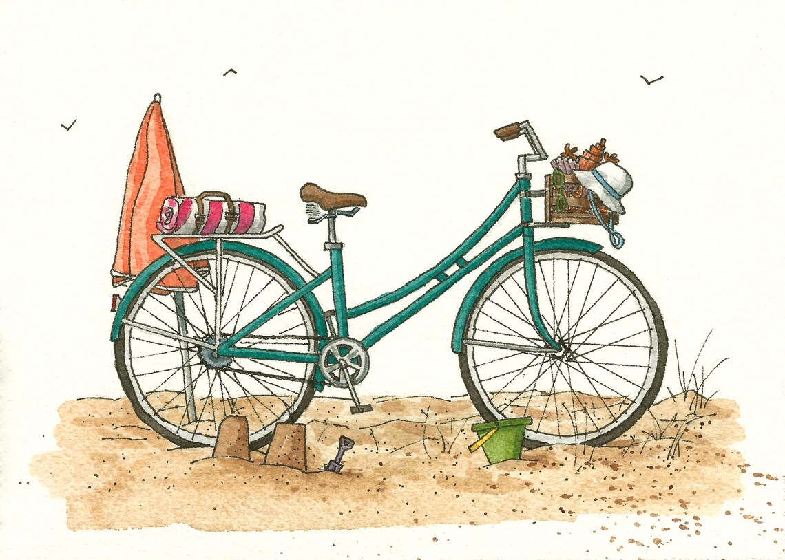 Day at the Beach Bike Watercolor Print Etsy