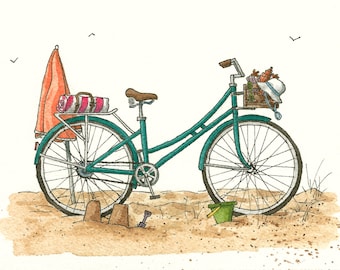 Day at the Beach Bike: Watercolor Print