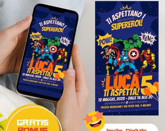 Digital invitation for children's birthday parties to send to mothers and children on Whatsapp | Invitation for the party SUPERHEROES The Avengers