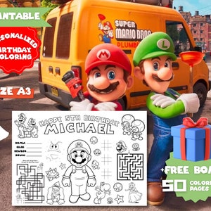 Pagina da colorare personalizzata, compleanno, download digitale stampabile, decorazioni per feste, scheda attività, tovaglietta SUPER MARIO