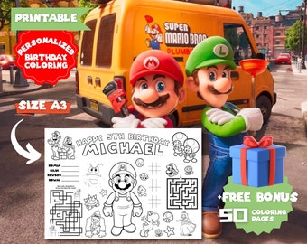 Custom coloring page, birthday, printable digital download, party decorations, activity sheet, SUPER MARIO placemat