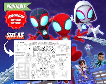 Custom coloring page, birthday, printable download, party decorations, activity sheet, SPIDEY AMAZING FRIENDS placemat