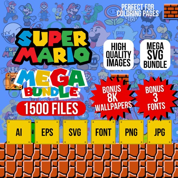 Pacchetto Super Mario Bros Vector, Mario Cut Files, Mario Clipart, Super Mario Font, Mario PNG, SVG per Cricut sublimazione stampa per feste