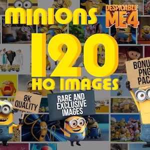 May include: A collage of images featuring the Minions characters from the Despicable Me franchise. The text "Minions ME4 120 HQ Images" is displayed in large yellow letters. There are smaller images of the Minions in various poses and settings. The text "Bonus PNG Pack" is also visible in a yellow box.