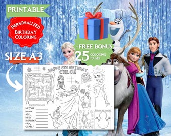 Custom coloring page, birthday, printable download, party decorations, activity sheet, FROZEN placemat