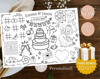 Printable wedding coloring placemat, digital file, wedding activity, activity mat, reception game