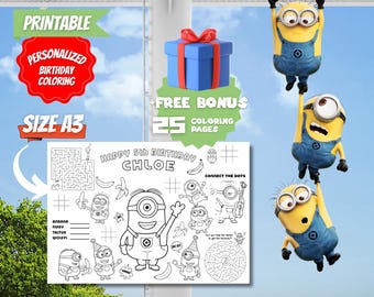 Personalized coloring page, birthday, printable digital download, party decorations, activity sheet, MINIONS placemat