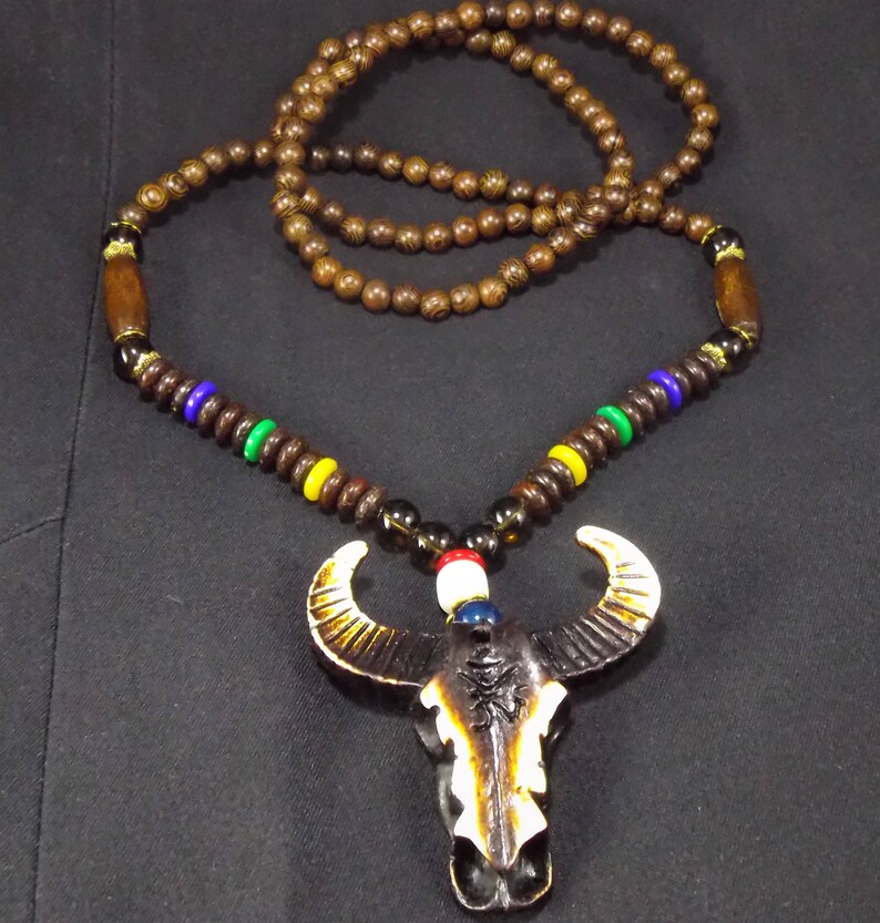 Tibetan Buddhist Hand Carved Cow Skull Head Wood Prayer Beads Mala Protection Healing Amulet Necklace