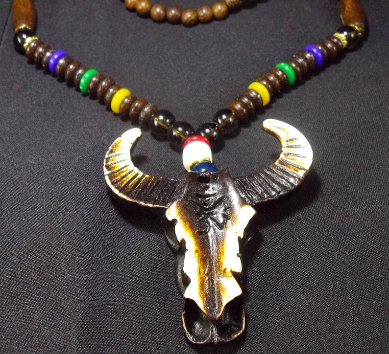 Tibetan Buddhist Hand Carved Cow Skull Head Wood Prayer Beads Mala Protection Healing Amulet Necklace