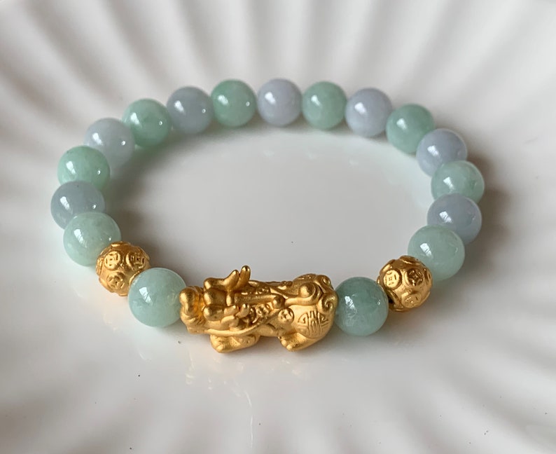 A Grade Pastel Green and Lavender Blue Jadeite Jade Silver Pixiu Bead Gemstone Bracelet Men and Women Gift Jewelry