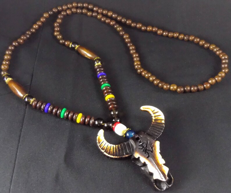 Tibetan Buddhist Hand Carved Cow Skull Head Wood Prayer Beads Mala Protection Healing Amulet Necklace