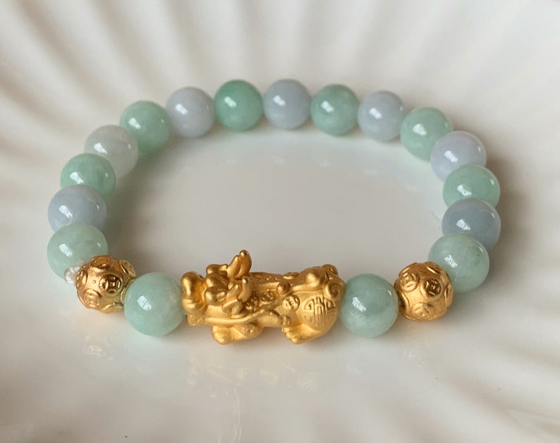 A Grade Pastel Green and Lavender Blue Jadeite Jade Silver Pixiu Bead Gemstone Bracelet Men and Women Gift Jewelry